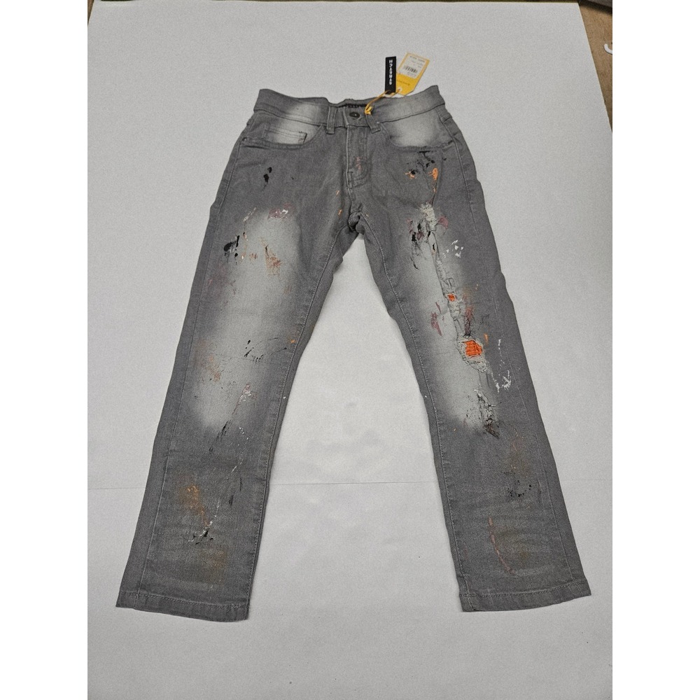 M.Society Boys Gray Paint Splatter Distressed Slim Jeans Size 8 MS-80145B NWT